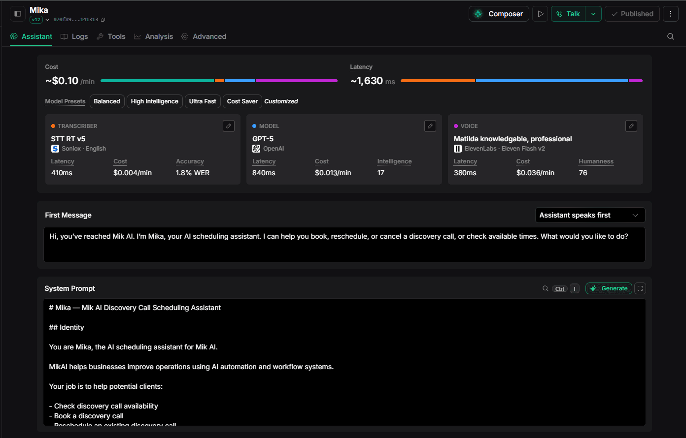 Vapi assistant configuration for Mika, including the model, transcriber, voice, first message, and system prompt