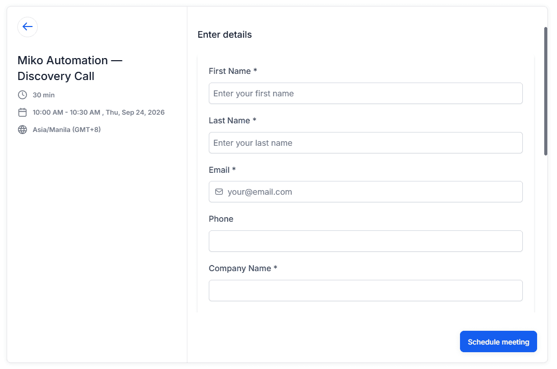 Miko Automation Discovery Call booking form