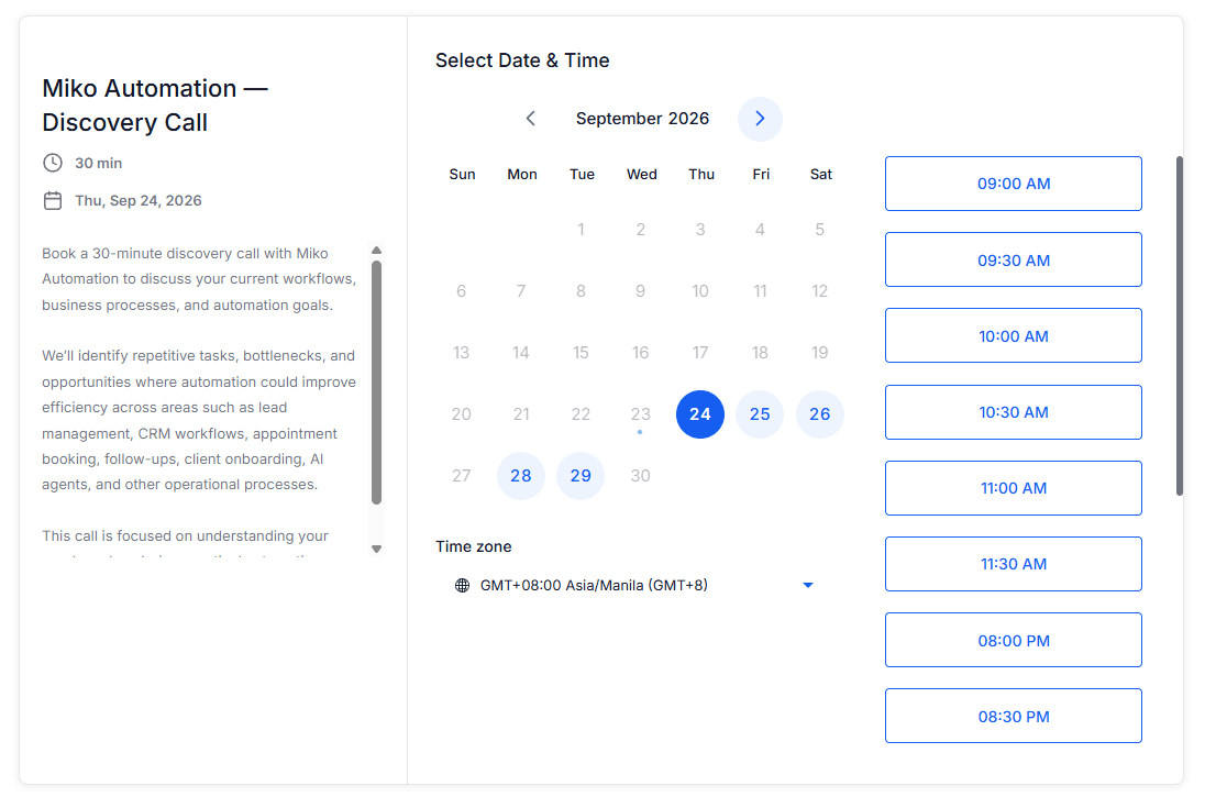 Miko Automation Discovery Call booking calendar