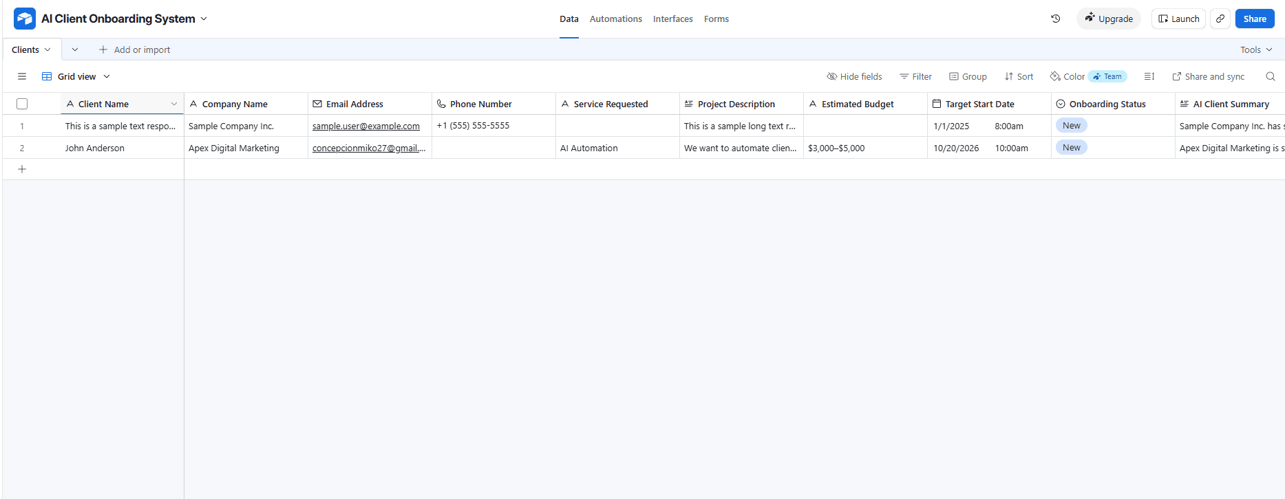 Airtable client database with intake fields, onboarding status, and AI summary