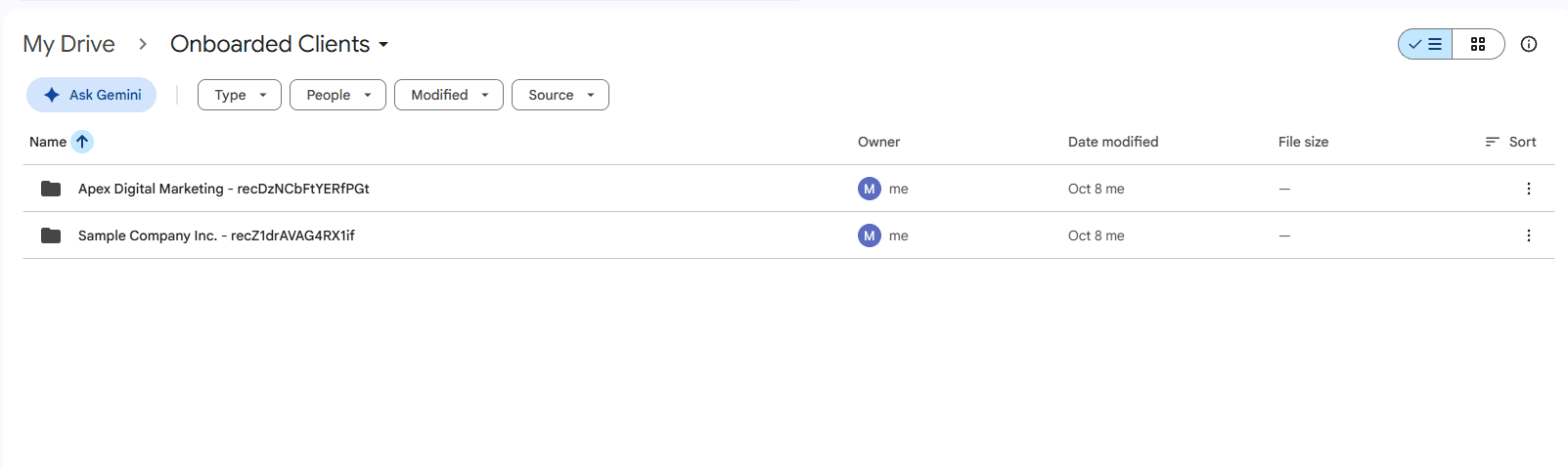 Google Drive Onboarded Clients directory with company-specific folders