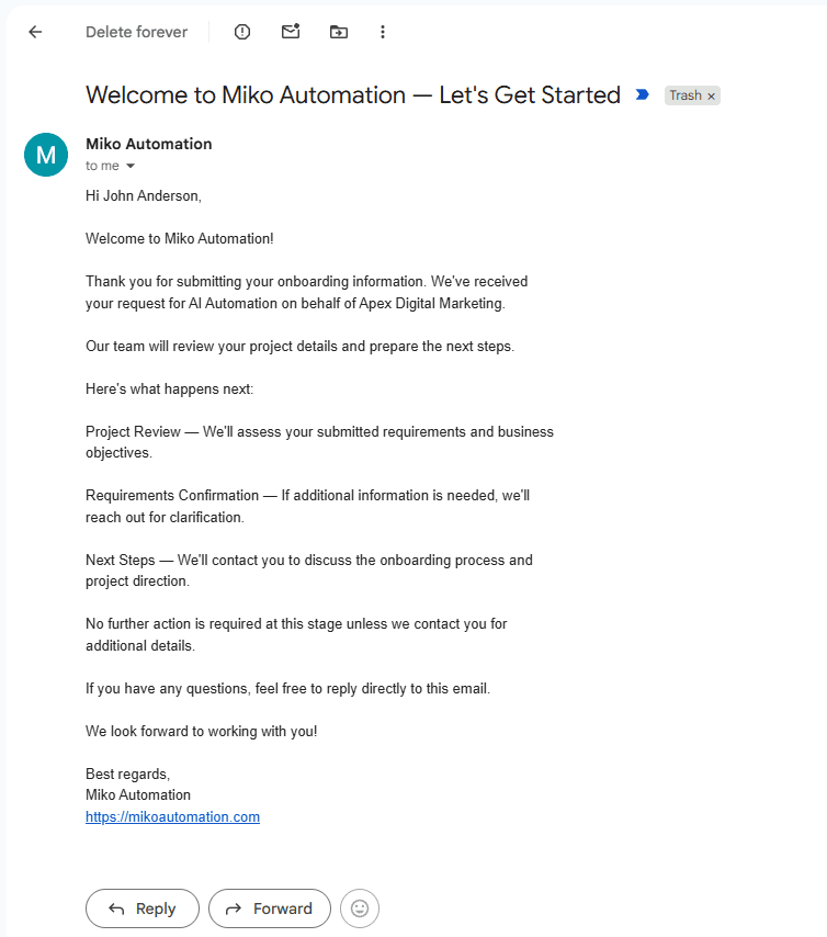 Personalized Miko Automation welcome email explaining review and next steps