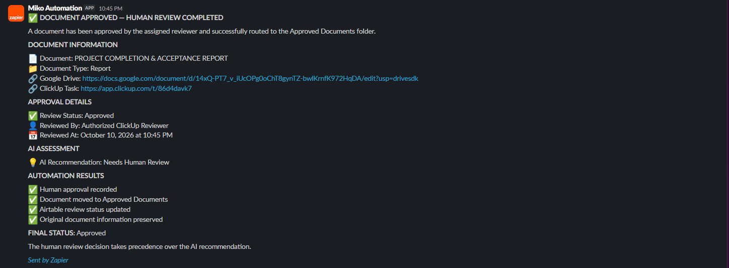 Slack notification confirming human approval, Approved Documents folder routing, and Airtable status updates despite an advisory AI recommendation
