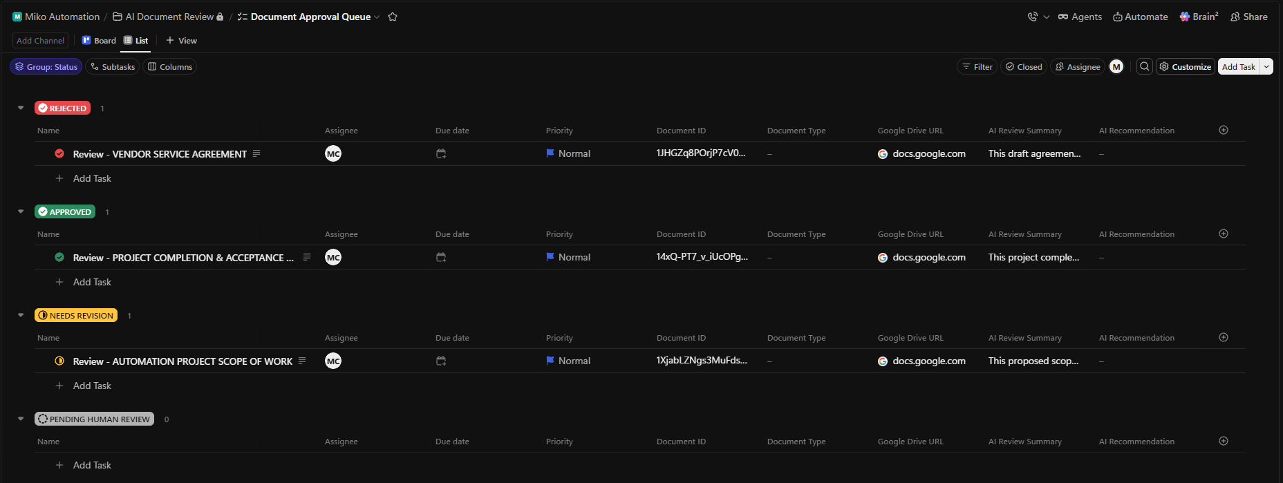 ClickUp document approval queue grouped by Rejected, Approved, Needs Revision, and Pending Human Review statuses