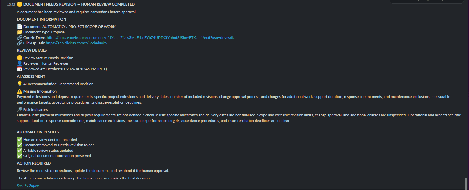 Slack revision notification containing the human review decision, AI missing-information and risk findings, and revision folder routing