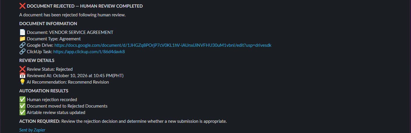 Slack notification recording human rejection, document routing to Rejected Documents, and an Airtable review status update