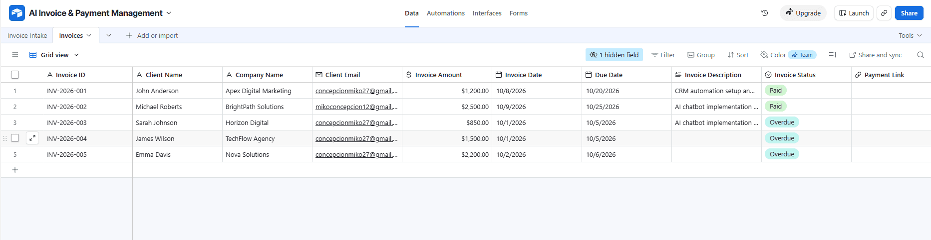 Airtable demonstration invoice database with amounts, due dates, and Paid or Overdue statuses