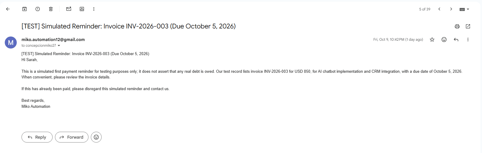 Gmail test email explicitly labeled as a simulated payment reminder