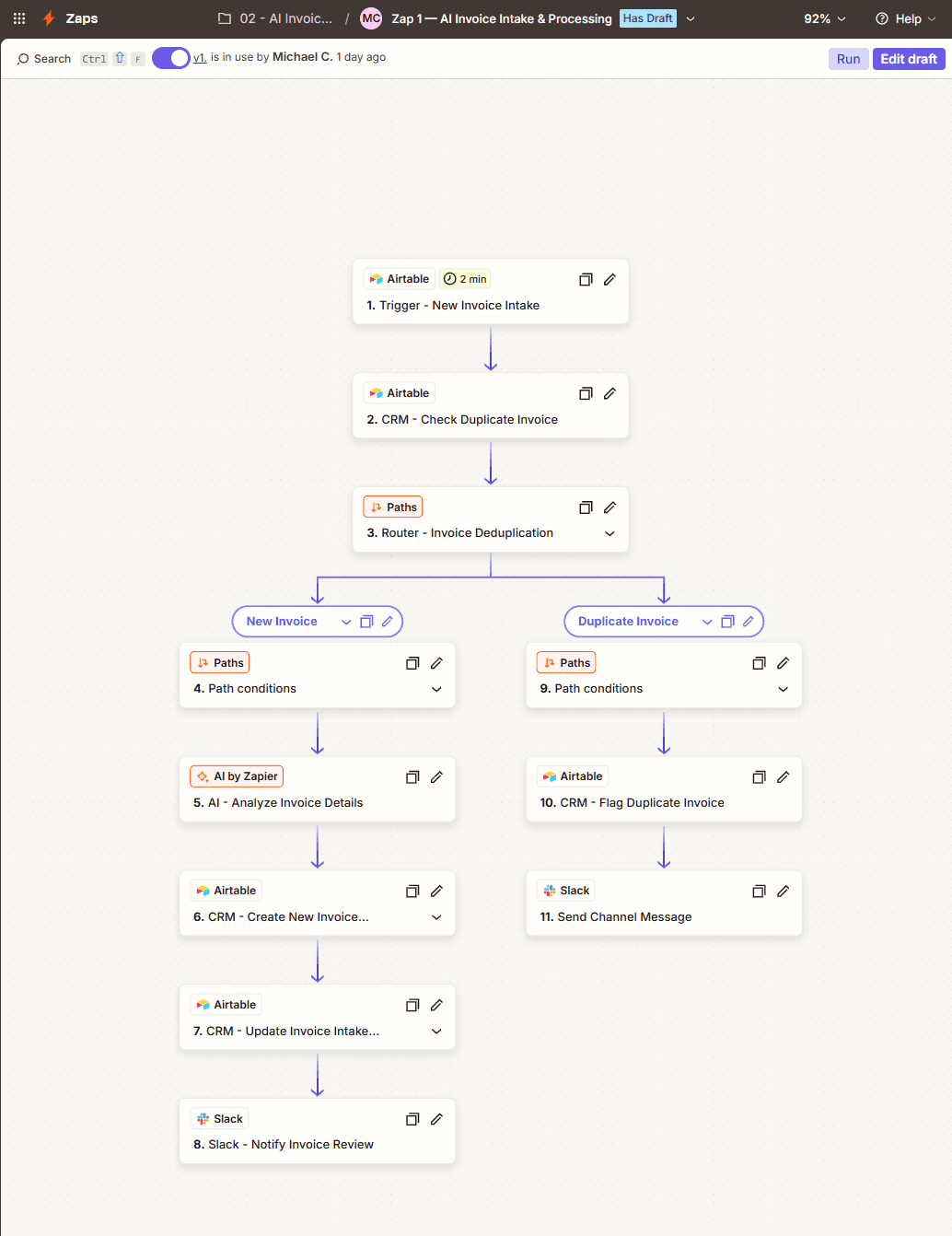 Zapier invoice intake workflow with new-invoice and duplicate-invoice branches