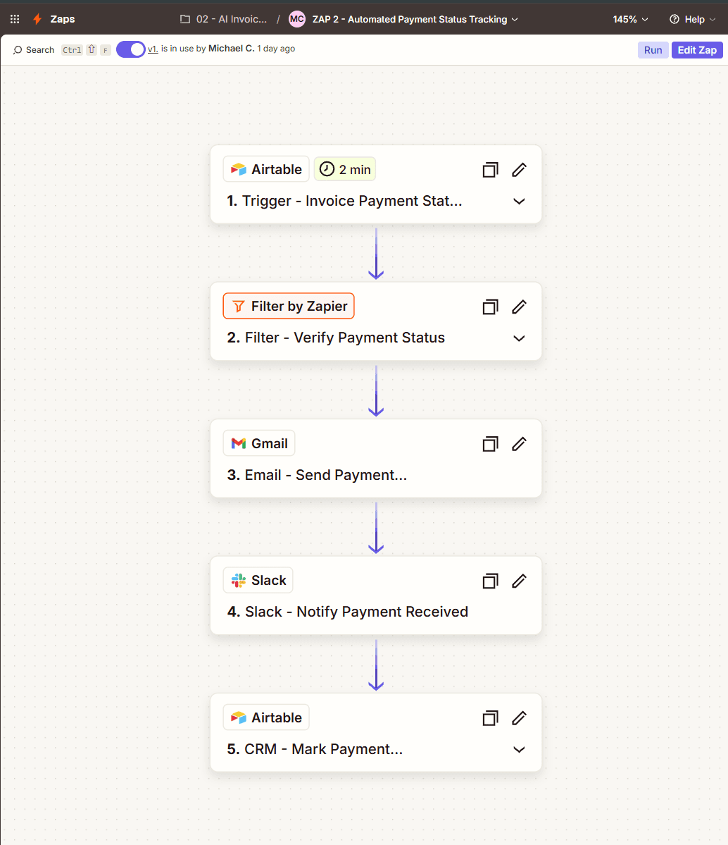 Zapier payment status workflow with Airtable trigger, status filter, Gmail, Slack, and notification tracking