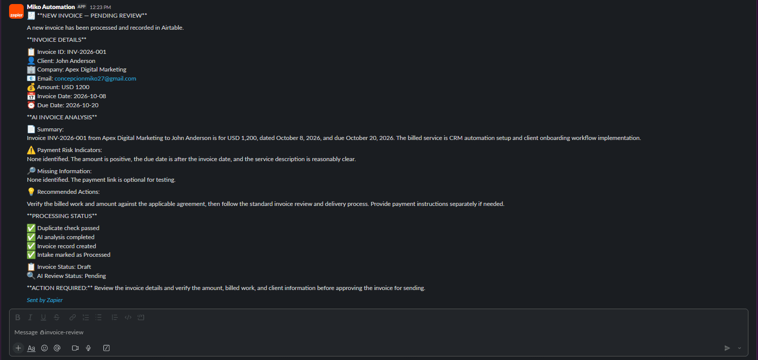 Slack invoice review notification containing AI summary, risk indicators, missing information, recommended actions, and pending review status